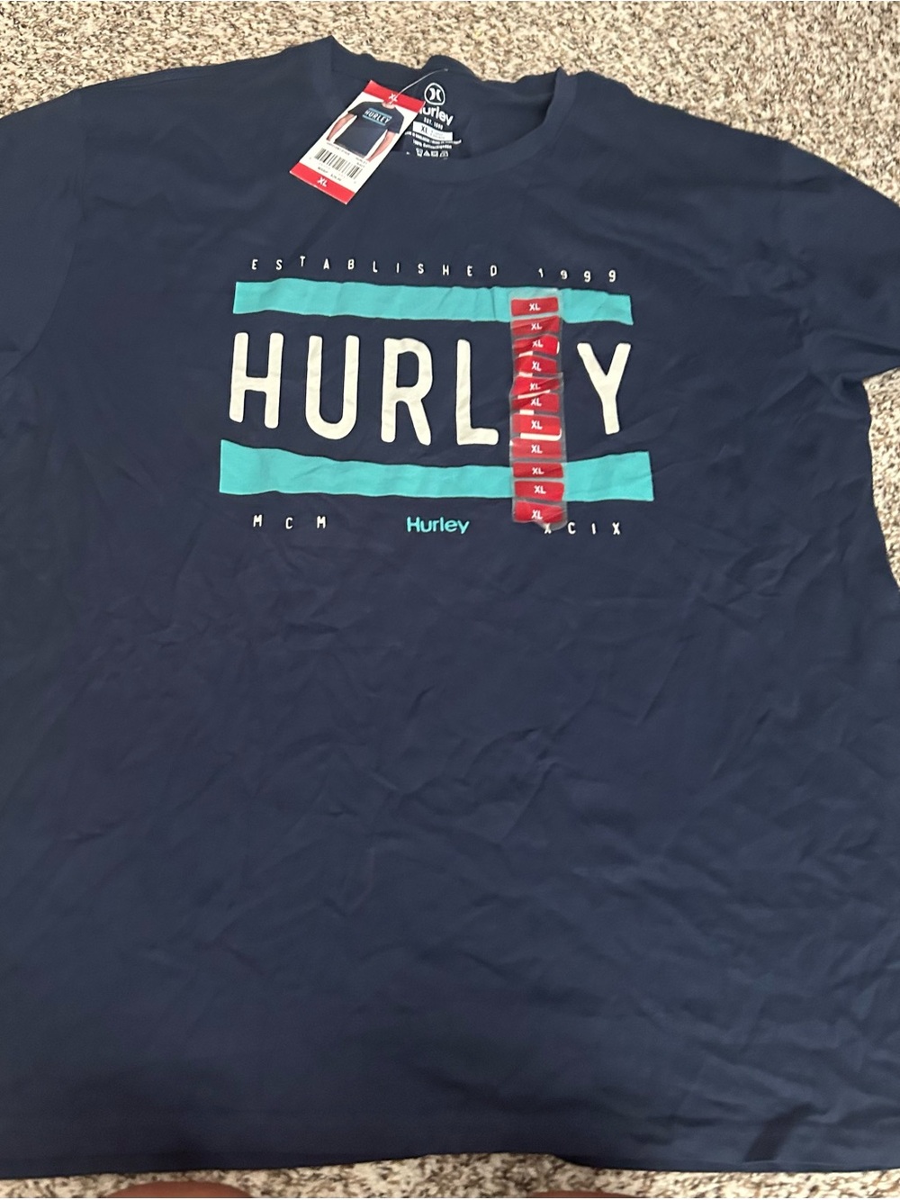 Hurley Men’s Navy Tee with Turquoise and White Logo